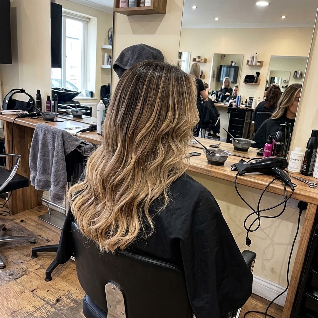 Balayage result, as photographed on a phone in the salon