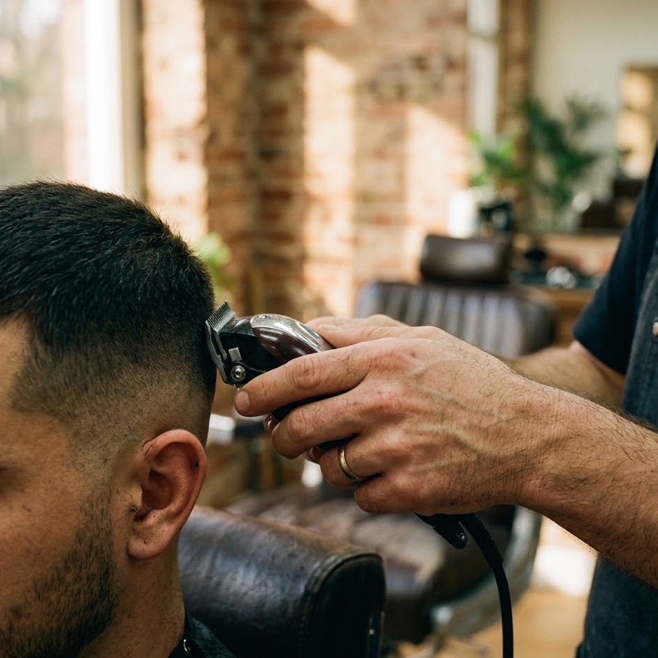 Barber trimming a beard with clippers